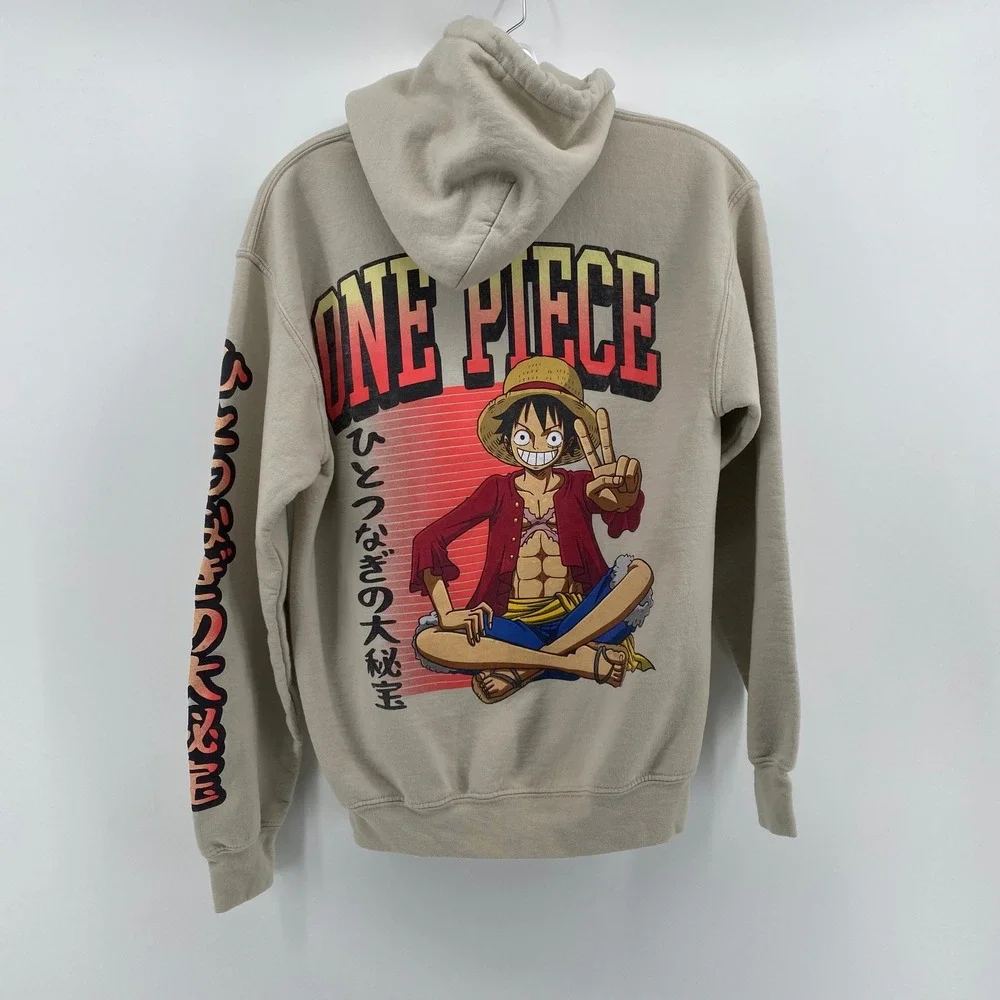 One Piece Anime Luffy Graphic Hoodie Tan Mens Small Streetwear Sweatshirt - Picture 3 of 7